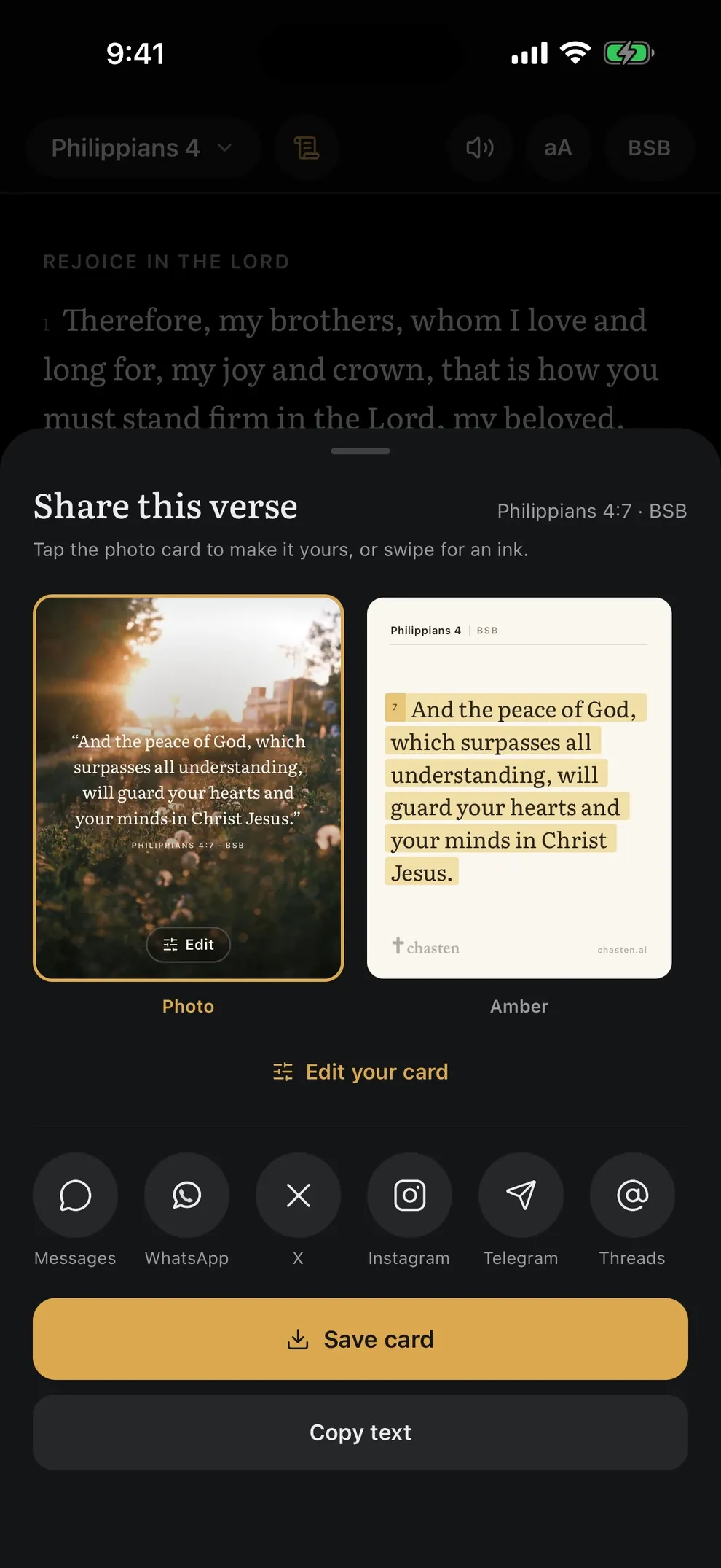 The Chasten share sheet with a photo card and an ink card of Philippians 4:7